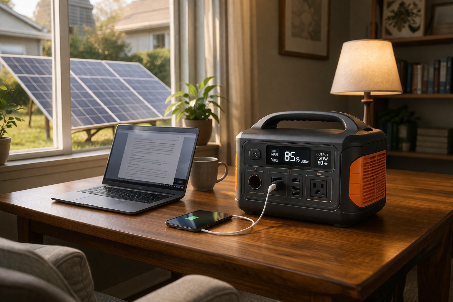 solar generator powering laptop phone and light inside a home during power outage