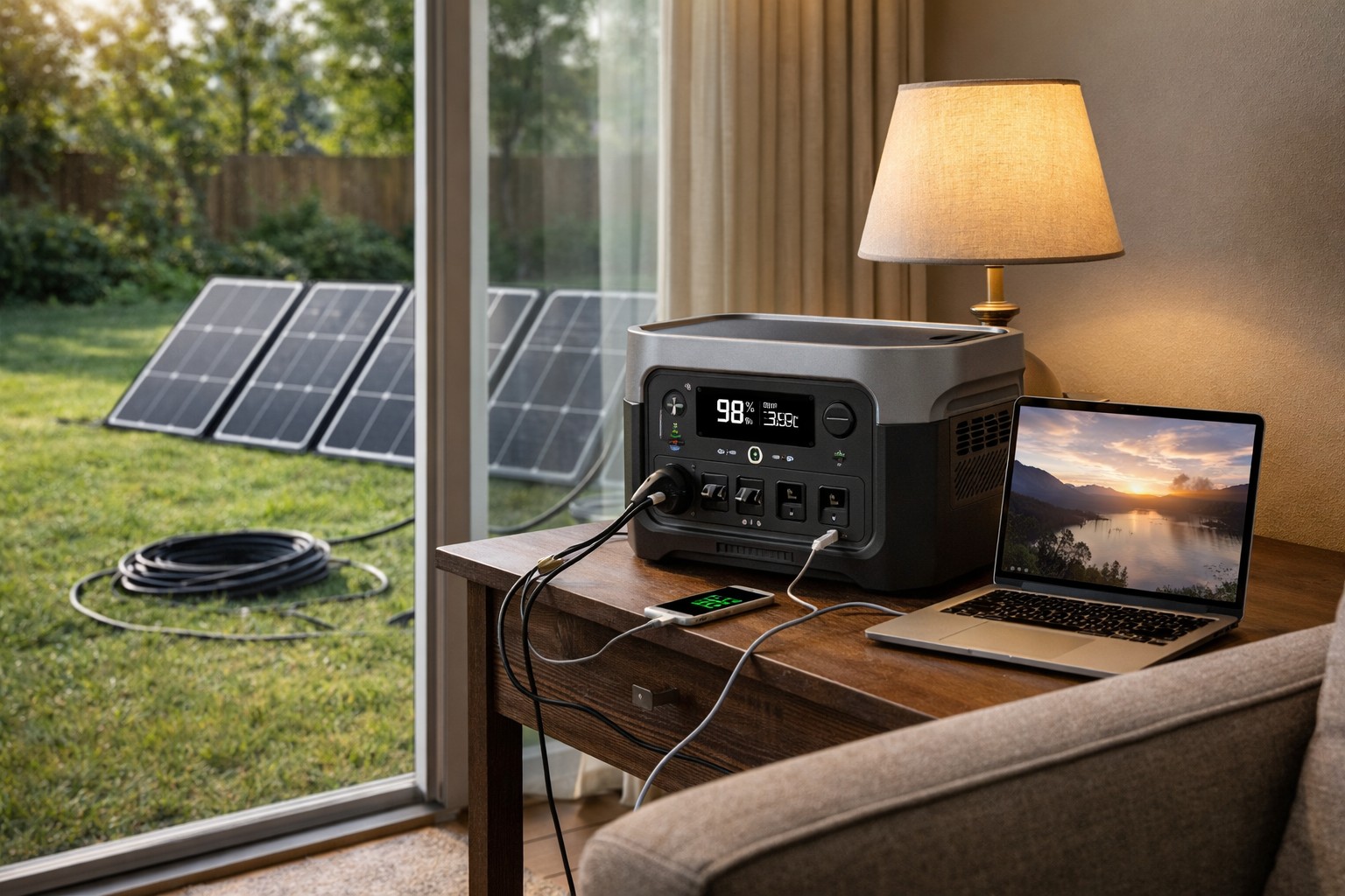 Solar panels outside connected to a portable solar generator inside powering a laptop, phone, and lamp in a home