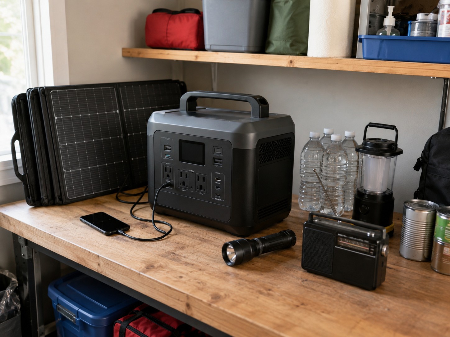 Solar generator for emergency preparedness on a household utility shelf