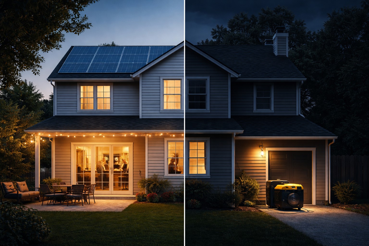 Residential home at night showing solar-powered lighting on one side and fuel generator backup power on the other side during an outage