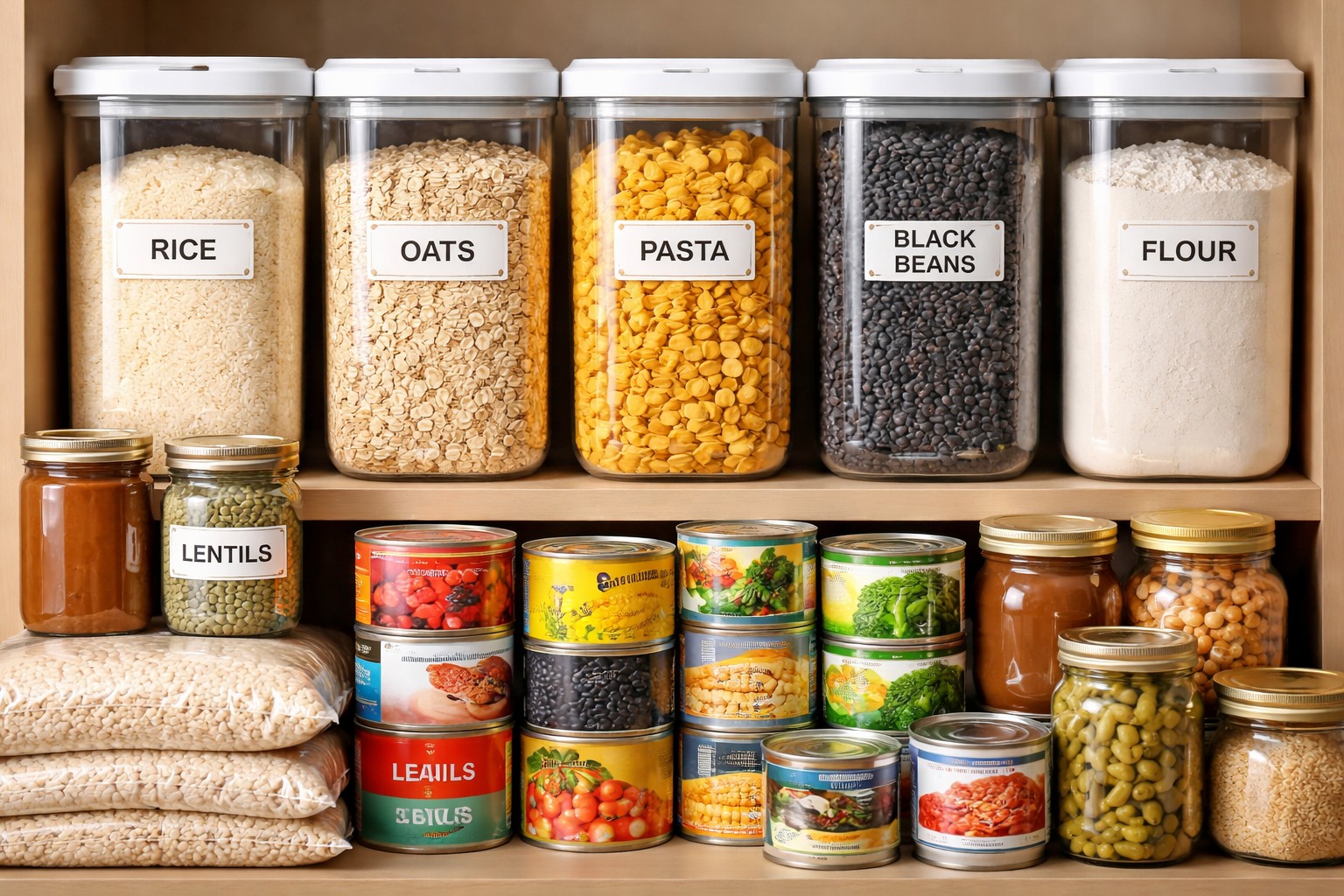 organized pantry with labeled containers of rice, oats, pasta, beans, flour, and canned foods used for long-term food storage