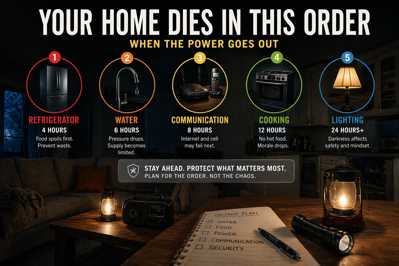 home utility failure priority order showing how household systems fail first during a power outage