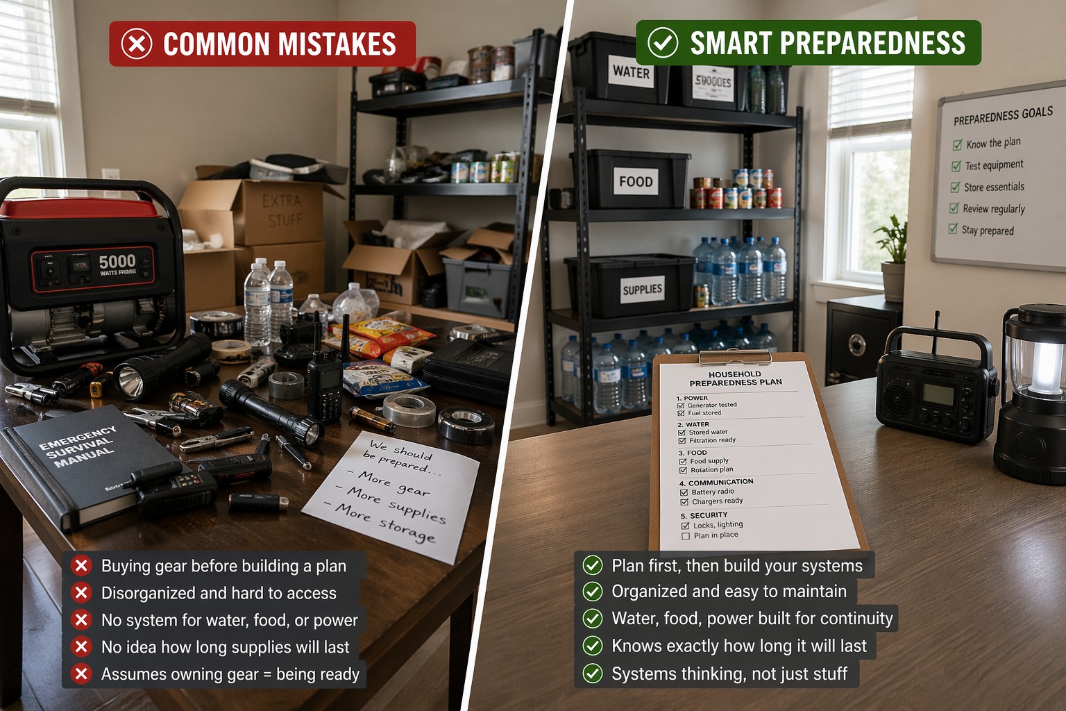 common household preparedness mistakes showing poor planning versus organized home readiness