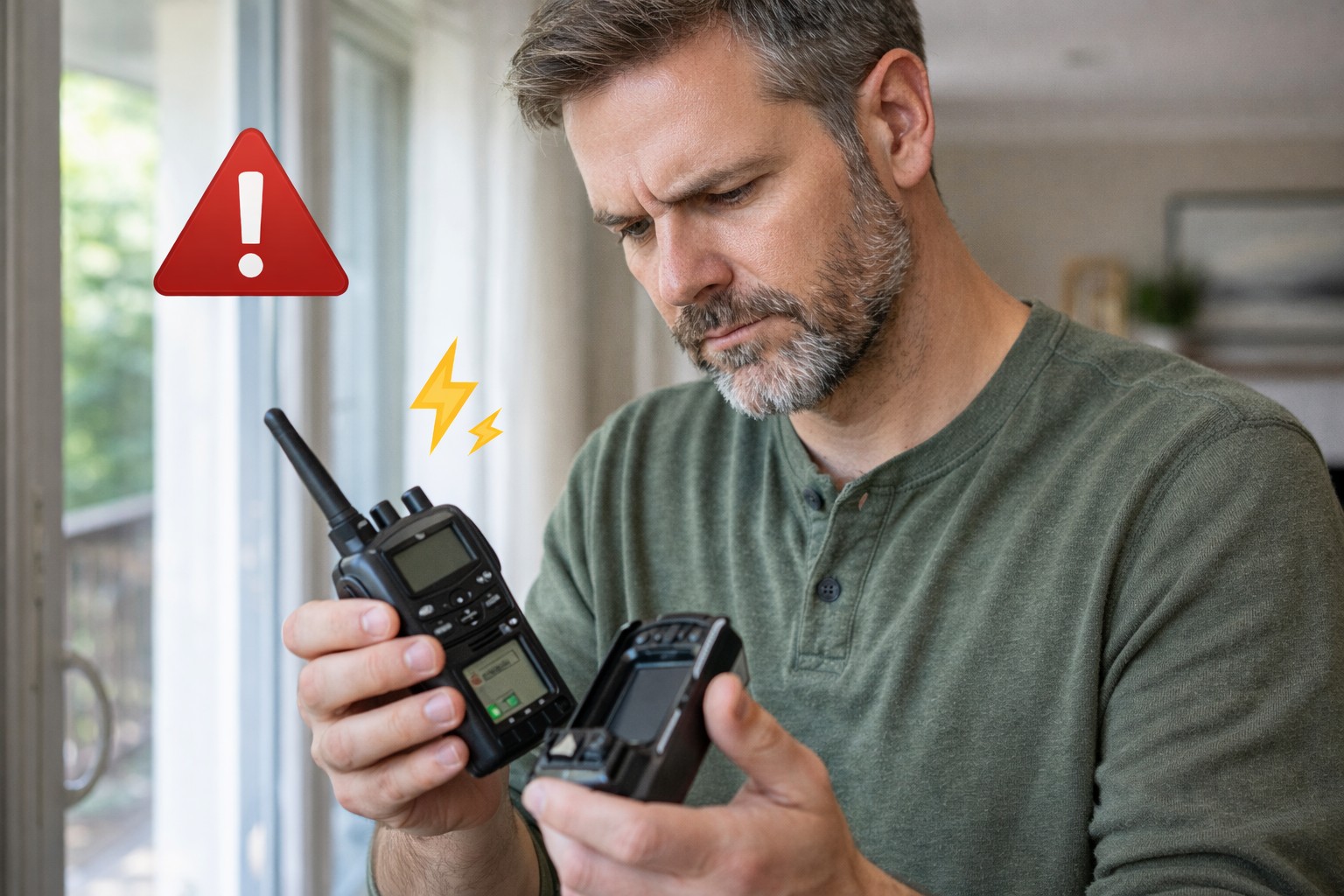 Person troubleshooting a two-way radio at home by checking battery or settings during a communication failure