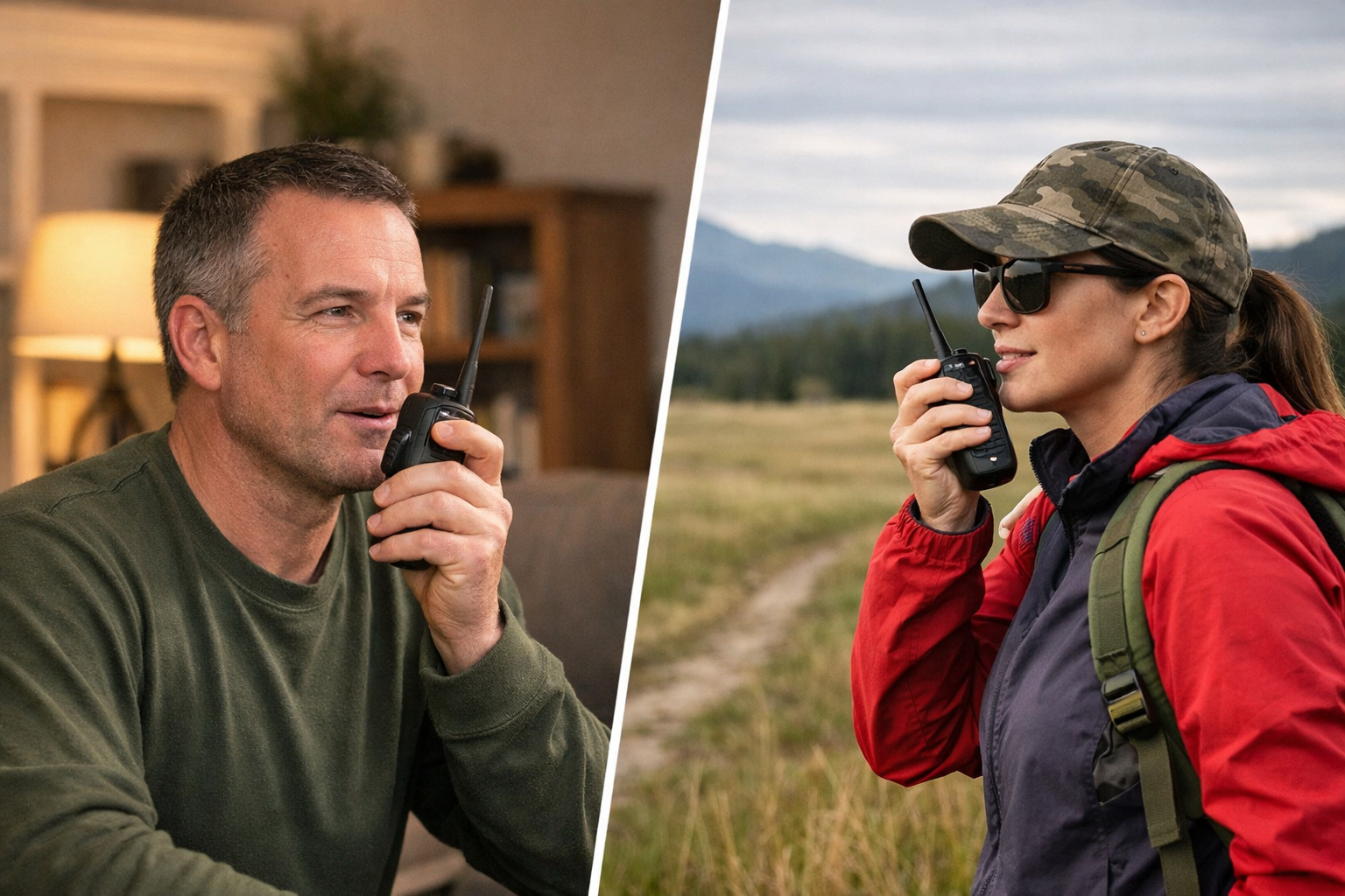 Man using a two-way radio inside a home communicating with a woman using a radio in a distant field