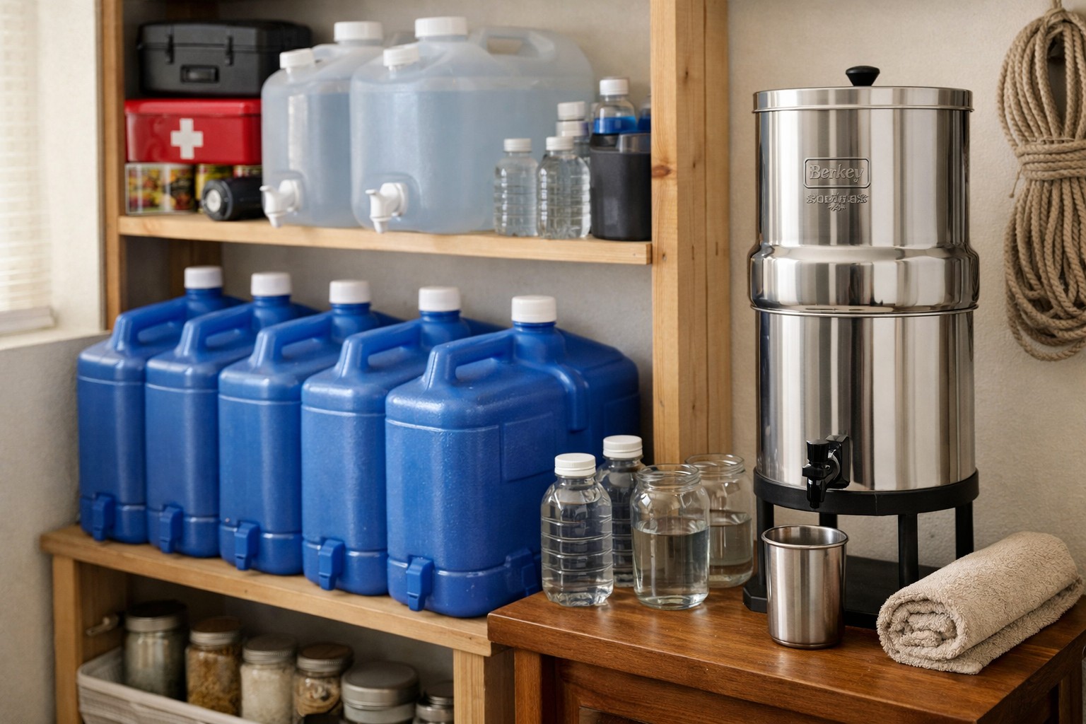 household water storage and gravity-fed water filter emergency preparedness