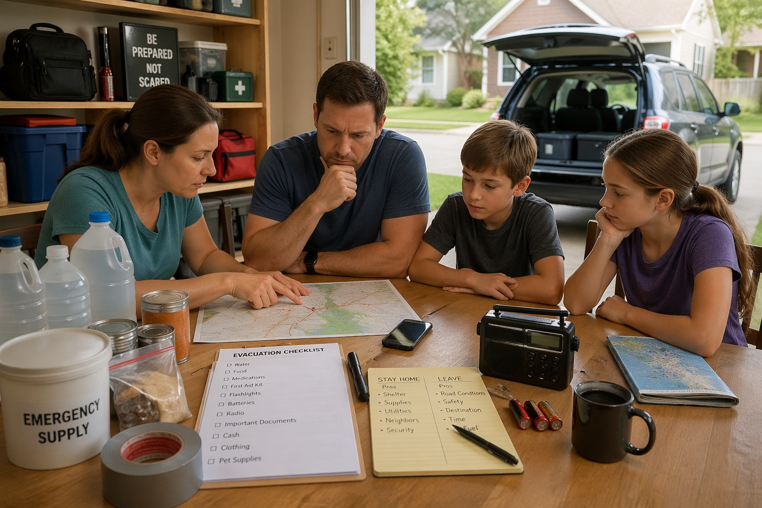 family deciding whether to stay home or evacuate during a household crisis
