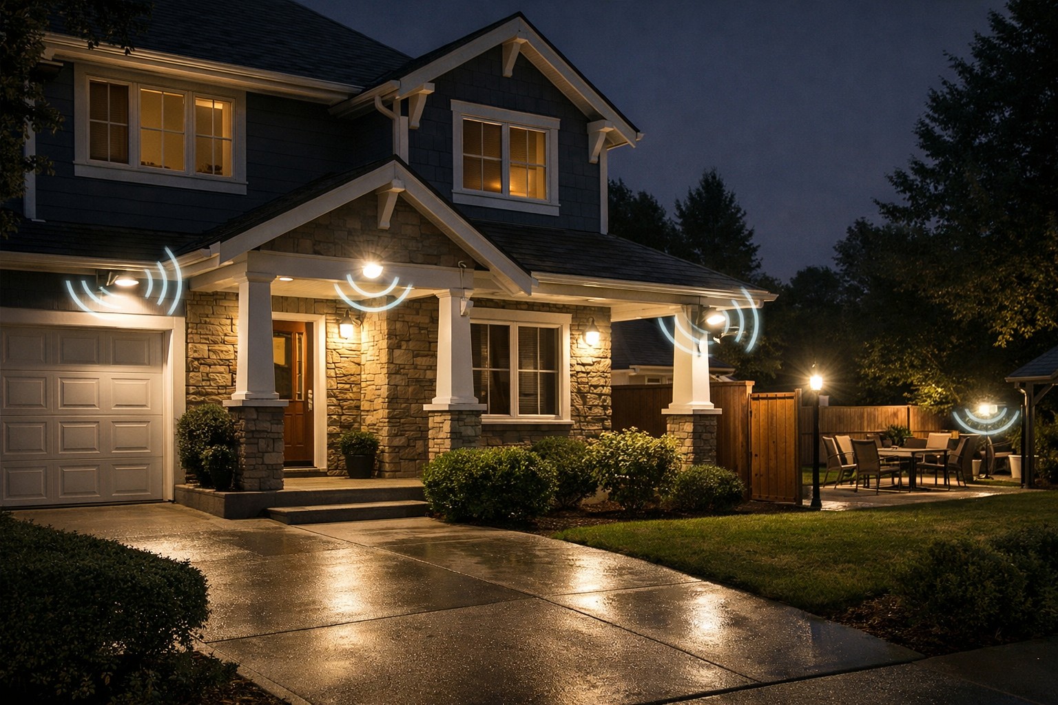 motion sensor lights illuminating home exterior at night for security