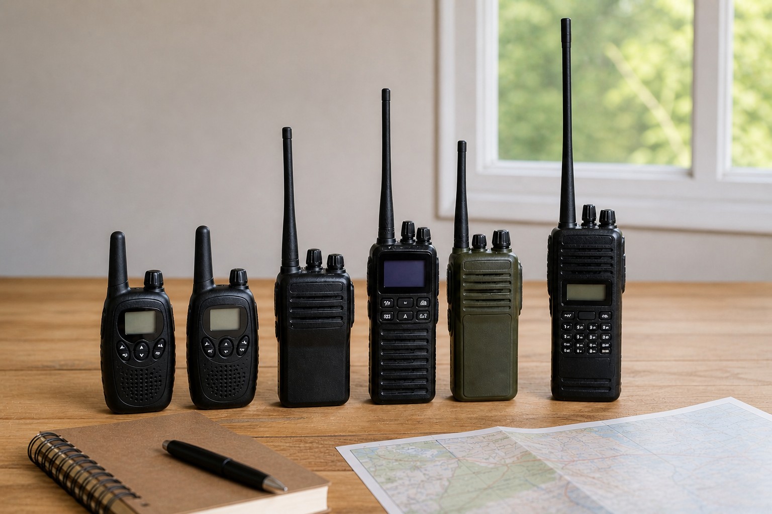 best two-way radios for emergency communication comparison showing different radio types on table