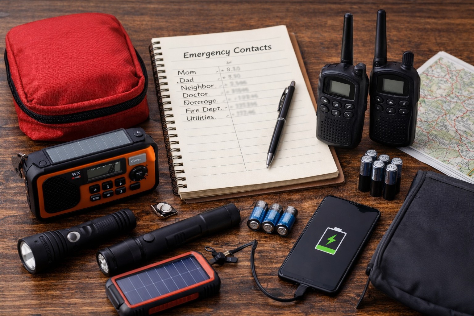 Emergency communication kit with weather radio two way radios flashlight batteries and backup power bank