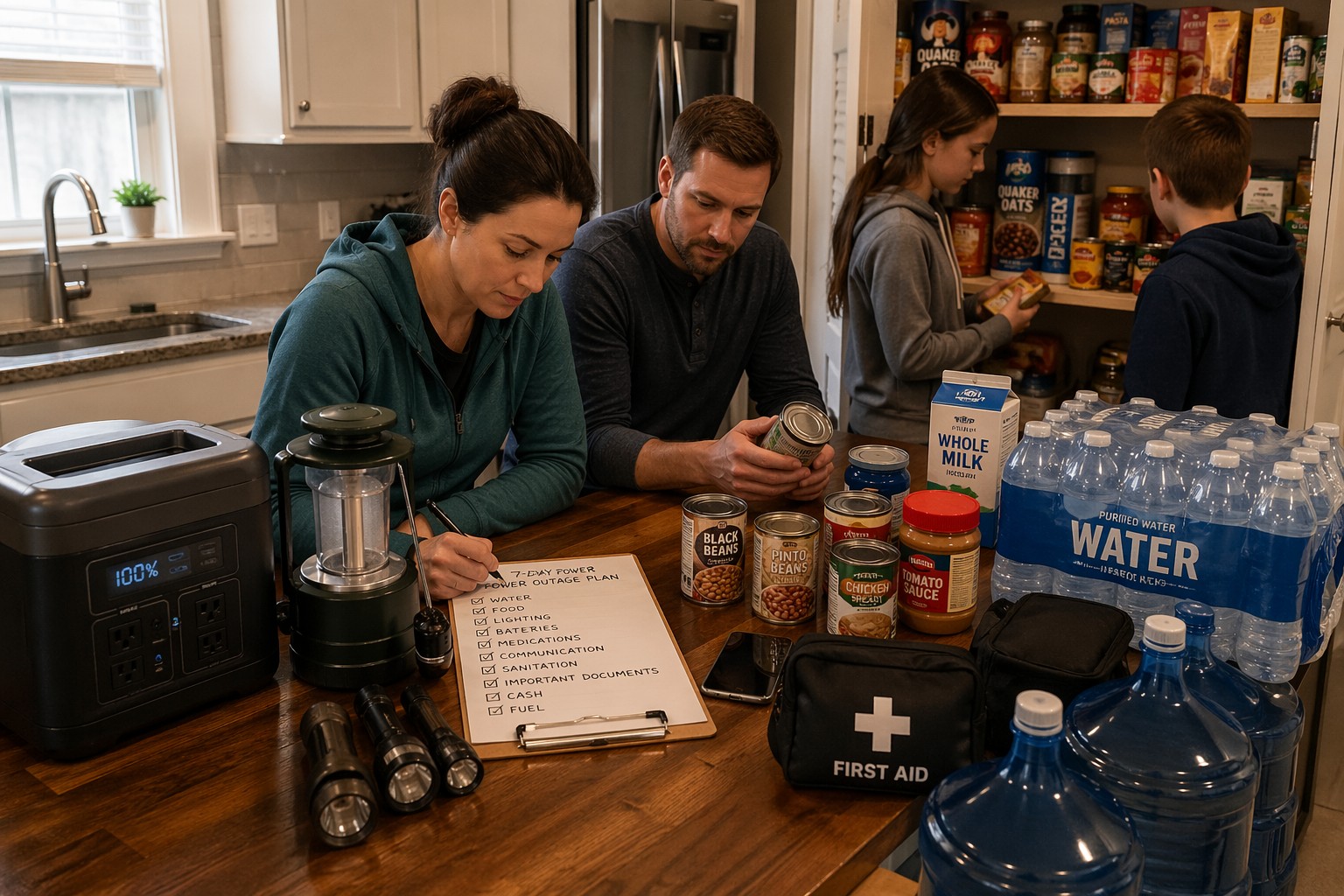 family preparing household systems for a 7-day power outage with food water and backup power supplies