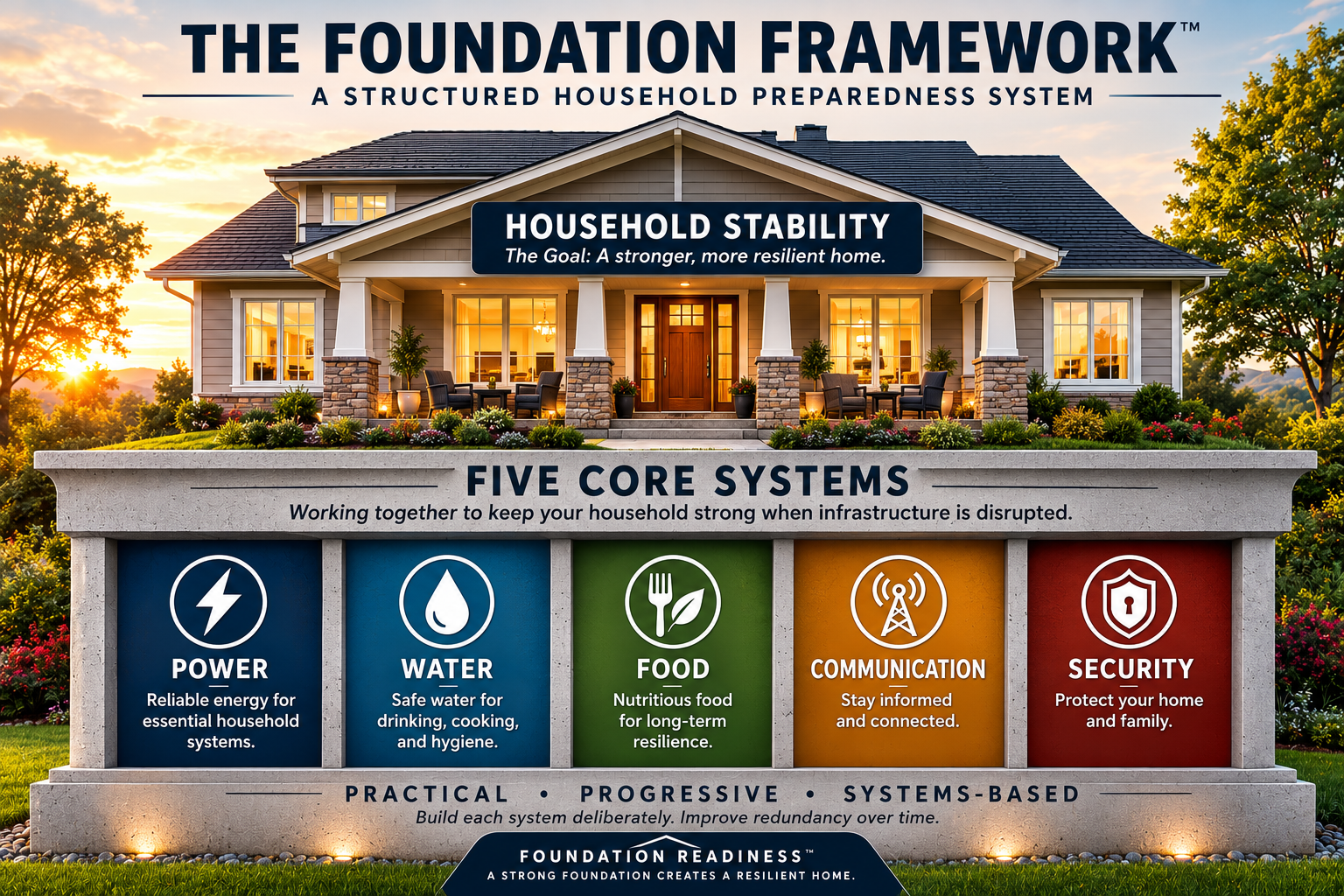 Illustration of The Foundation Framework showing a home supported by five core preparedness systems: Power, Water, Food, Communication, and Security, which together create household stability.