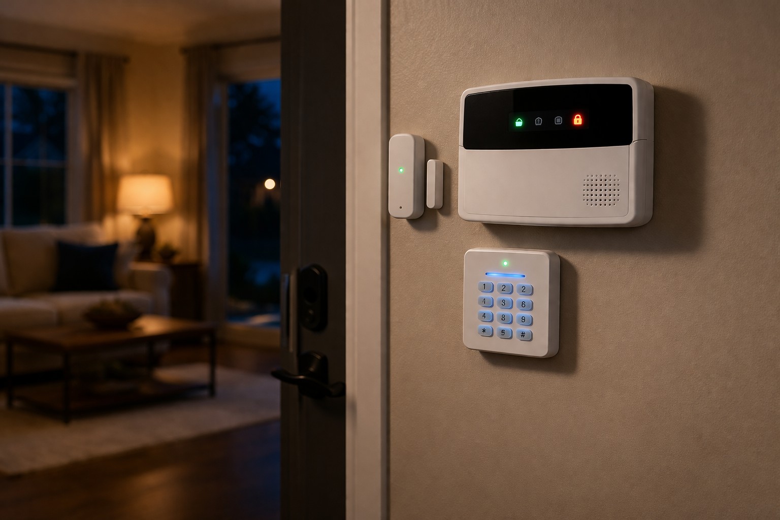 home security alarm system panel with keypad and entry sensors installed near front door