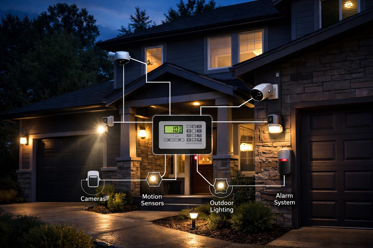 home with cameras, motion sensors, and outdoor lighting working together for layered security