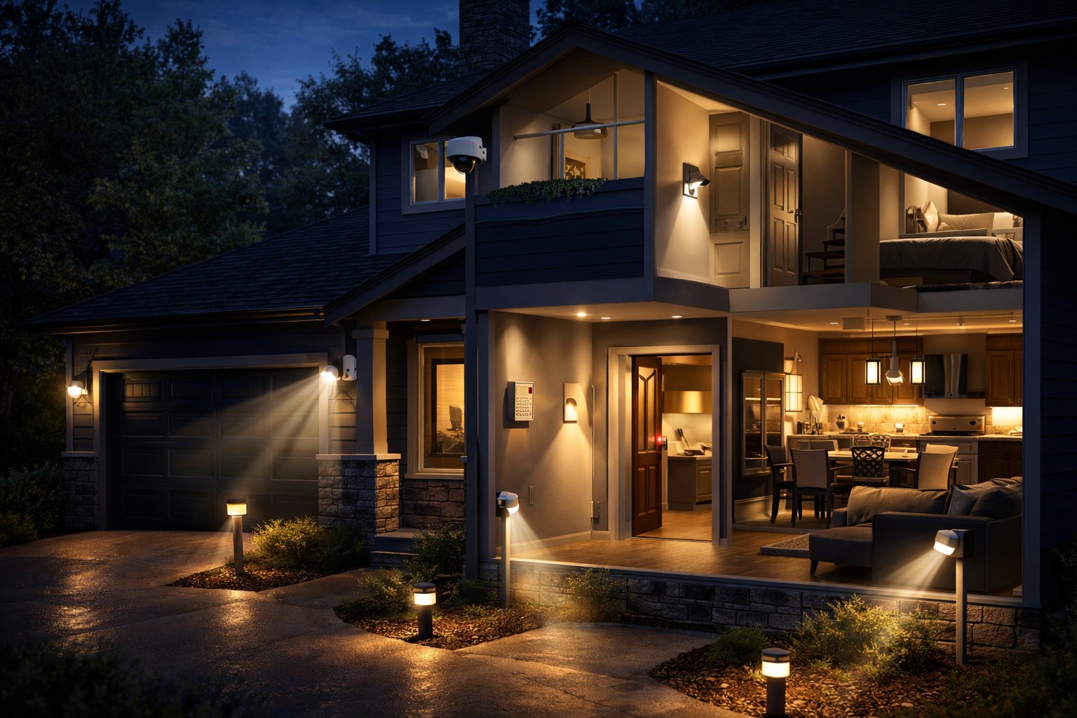 home showing placement of cameras, motion sensors, lighting, and alarm system for full coverage