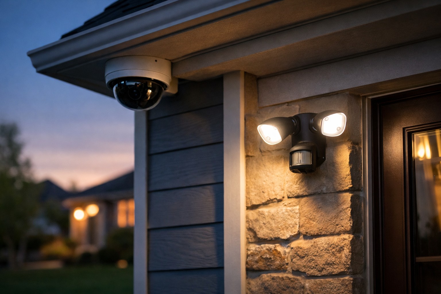 security camera and motion sensor light installed on home exterior at dusk